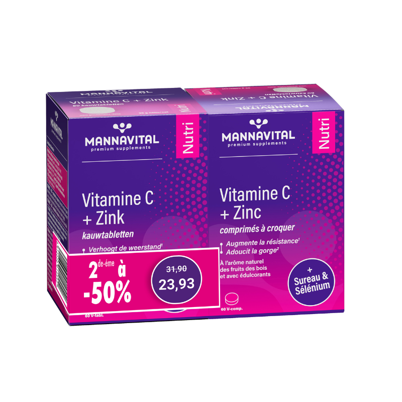 DUOPACK 2e aan -50% Mannavital Vitamine C + Zink kauwtabletten -2x 60 V-tabl