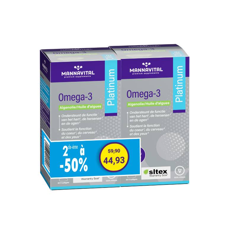 DUOPACK 2e aan -50% Omega-3 Platinum Algenolie Mannavital - 2x 60 V-softgels
