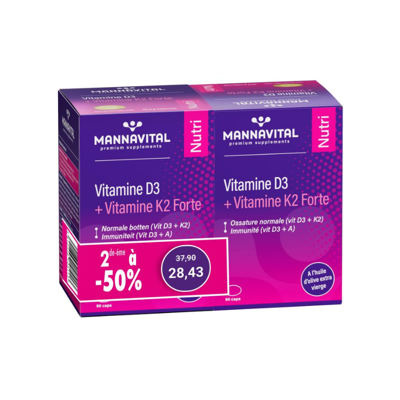 DUOPACK Mannavital Vitamine D3 + K2 forte - 2x 90 V-caps 2e aan -50%