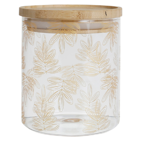 Voorraadpot 9,5x11cm - glas - met houten afsluitdeksel & goud gebloemde afwerking