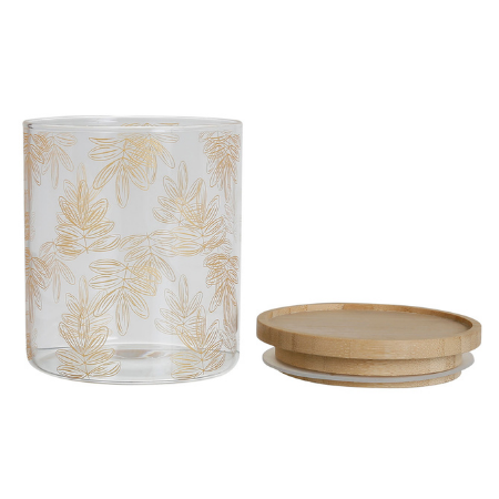 Voorraadpot 9,5x11cm - glas - met houten afsluitdeksel & goud gebloemde afwerking