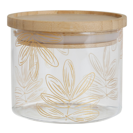 
                  
                    Voorraadpot 9,5x7cm - glas - met houten afsluitdeksel & goud gebloemde afwerking
                  
                