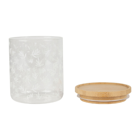 
                  
                    Voorraadpot 9x11cm - glas - met houten afsluitdeksel & wit gebloemde afwerking
                  
                