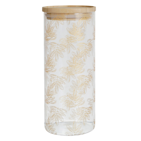 Voorraadpot 9,5x21cm - glas - met houten afsluitdeksel & goud gebloemde afwerking