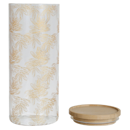 Voorraadpot 9,5x21cm - glas - met houten afsluitdeksel & goud gebloemde afwerking