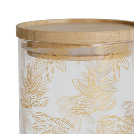 
                  
                    Voorraadpot 9,5x21cm - glas - met houten afsluitdeksel & goud gebloemde afwerking
                  
                