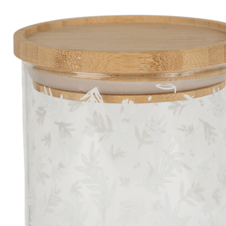 
                  
                    Voorraadpot 9x21cm - glas - met houten afsluitdeksel & wit gebloemde afwerking
                  
                