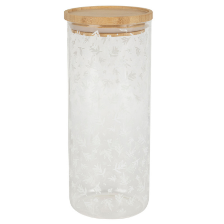 Voorraadpot 9x21cm - glas - met houten afsluitdeksel & wit gebloemde afwerking