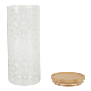 Voorraadpot 9x21cm - glas - met houten afsluitdeksel & wit gebloemde afwerking