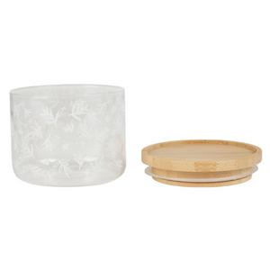 Voorraadpot 9x7cm - glas - met houten afsluitdeksel & wit gebloemde afwerking