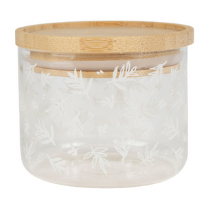 Voorraadpot 9x7cm - glas - met houten afsluitdeksel & wit gebloemde afwerking