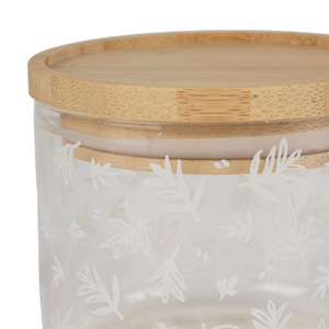 Voorraadpot 9x7cm - glas - met houten afsluitdeksel & wit gebloemde afwerking